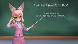 16:9 1girls 3d 3d_(artwork) :3 animal_ears anime_style blush cat_mouth closed_mouth female female_focus female_only flyingcookie fox_ears fox_girl glasses kemonomimi koikatsu looking_at_viewer open_eyes original original_character petite petite_body petite_female pink_eyes pink_hair school school_desk self_upload sfw short_hair side_braid skirt small_breasts standing suit teacher text watermark
