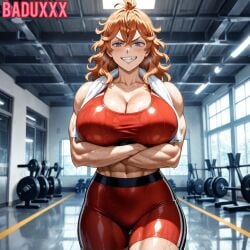 1girls ai ai_generated arms_crossed baduxxx black_clover blue_eyes breasts clothing gym huge_ass huge_breasts looking_at_viewer mereoleona_vermillion muscular_female red_clothing sharp_teeth smiling