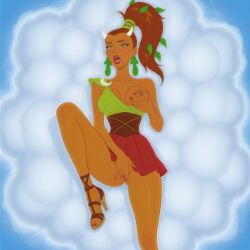 1girls ai_generated areola artemis_(hercules) bird's-eye_view breasts brown_hair clothed_masturbation cloud clouds deity disney dress european_mythology exposed_breasts female female_focus female_masturbation female_only fingering fingering_pussy fingering_self from_above goddess grabbing_own_breast greek_goddess greek_mythology green_eyes green_shirt hand_on_breast headdress hercules_(disney) high_heel_sandals high_heels leaf_earrings leaves_in_hair leg_up lying_on_back makeup masturbation moaning mythology nipples no_bra no_panties off_shoulder on_cloud one_breast_out one_breast_out_of_clothes one_leg_up orange_skin partially_clothed ponytail pussy red_lipstick red_skirt sandals skirt thighs tied_hair uzzlegorf viewed_from_above