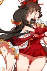 2girls absurd_res aimablemanahira ass azur_lane bare_shoulders black_hair blush breasts brown_hair cleavage closed_eyes closed_mouth closed_mouth_smile commission cowboy_shot detached_sleeves english_commentary eyelashes female female_only golden_eyes hair_between_eyes hair_ornament hand_on_another's_face highres holding_wrist kiss kissing_cheek large_breasts long_hair multiple_girls nipple_slip nipples no_bra no_panties ponytail pussy red_clothing red_hair_ornament shadow sideboob simple_background skirt small_breasts smile thighs tied_hair uncensored white_background white_clothing yuri zuihou_(azur_lane) zuikaku_(azur_lane)
