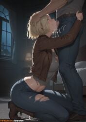 1boy ai_assisted ai_generated anime anime_girl anime_style artist_name bed bedroom belt blonde_hair blue_eyes blue_pants blush boots breasts brown_footwear brown_jacket cum cum_in_mouth cumdrip denim fellatio female from_side grace_ashcroft grey_shirt hand_on_another's_head hi_res highres indoors jacket jeans kneeling lamp large_breasts long_sleeves midriff mosaic_censoring night open_jacket oral overflow pants patreon patreon_username penis resident_evil resident_evil_9:_requiem rinkoai saliva shirt short_hair solo_focus straight sweat torn_clothes torn_pants uncensored watermark window