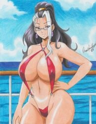 1girls 2023 absurdres bikini black_hair breasts cleavage closed_mouth cloud commission earrings glasses hair_ornament hair_over_one_eye hand_on_own_hip highres huge_breasts jewelry long_hair mature_female multicolored_hair navel ocean outdoors pink_eyes ponytail purple_earrings railing ravern_clouk red_bikini seductive_smile seika_jogakuin_kounin_sao_ojisan sky slingshot_swimsuit smile solo sumeragi_rikka sumeragi_rikka_(seika_jogakuin_kounin_sao_ojisan) swimsuit traditional_media two-tone_hair white_hair