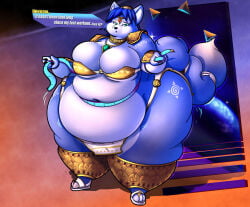 1girls fox furry furry_only star_fox star_fox_adventures krystal bra tribal_clothing tribal_tattoo sandals fat obese weight_gain huge_breasts gigantic_ass gigantic_thighs cleavage necklace blue_hair blue_fur green_eyes fox_ears space planet nintendo rareware dialogue speech_box nobody-64 gigantic_belly bbw ssbbw measuring measuring_belly nervous fox_tail tail fat_face