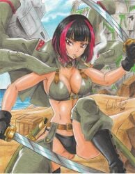 1girls 2020 absurdres armpits belt belt_buckle black_hair blunt_bangs boots box bra breasts buckle cleavage coat day female_focus gloves gluteal_fold highres holding holding_sword holding_weapon jin_(metal_slug) large_breasts metal_slug metal_slug_attack midriff military military_coat multicolored_hair ocean ravern_clouk red_eyes red_hair sand short_hair sky smoking smoking_pipe snk solo sword traditional_media two-tone_hair underwear weapon