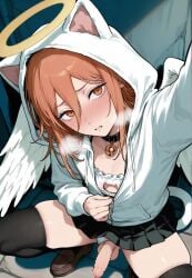 ai_generated angel_devil_(chainsaw_man) angel_wings cat_ears chainsaw_man crouching femboy halo jacket long_hair orange_hair penis pose skirt