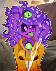 :p cum cumshot esqipi fully_clothed futanari green_eyes green_tongue implied_futanari monster_prom purple_skin rigby_the_cat_(meme) sticking_out_tongue tentacle tentacle_hair trans_woman transgender zoe_(monster_prom)