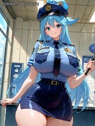 1girl 1girls ai_generated alternate_breast_size alternate_costume aqua_(konosuba) aqua_hair armband ass belt big_ass big_breasts black_belt black_necktie blue_eyes blue_hair blue_headwear blue_necktie blue_shirt blue_skirt blush blush_lines blushing blushing_at_viewer breasts breasts_bigger_than_head bubble_ass bubble_butt cleavage closed_mouth clothed clothed_female collared_shirt cowboy_shot curvaceous curvaceous_body curvaceous_female curvaceous_figure curves curvy curvy_body curvy_female curvy_figure curvy_hips female female_focus female_only from_front front_view fully_clothed hair_between_eyes hair_ornament hair_rings hand_fan hat holding hourglass_figure huge_ass huge_breasts huge_butt impossible_clothes impossible_shirt indoors kono_subarashii_sekai_ni_shukufuku_wo! konosuba large_ass large_breasts long_hair looking_at_viewer miniskirt narrow_waist necktie odysseyai parted_lips patreon_username pencil_skirt pocket police police_hat police_uniform policewoman shiny_skin shirt shirt_tucked_in short_sleeves side_slit single_hair_ring skirt smile solo solo_female solo_focus standing taut_clothes thick thick_ass thick_thighs thighhighs thighs thin_waist tight_clothes uniform very_long_hair web_address wide_ass wide_hips