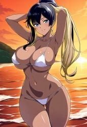 1girls ai_generated arms_up beach bikini black_hair blue_eyes breasts female female_only goddess_of_victory:_nikke hair_between_eyes large_breasts noise_(nikke) ponytail smile sunrise tan-skinned_female tan_skin two-tone_hair yellow_hair