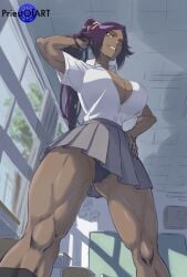 1girls ai_generated big_breasts black_thong bleach busty curvy curvy_body dark-skinned_female dark_skin female female_only from_below huge_breasts indoors jacket legs_apart looking_down muscular muscular_female ponytail priestofart purple_hair school_uniform schoolgirl shihouin_yoruichi shiny shirt skirt solo solo_female thick_thighs thong watermark wide_hips yellow_eyes