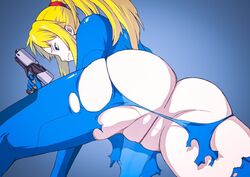 ass ass_focus blonde_hair blue_eyes bodysuit booty edit gun metroid nintendo photoshop ponytail samus_aran sidelocks sokonoawabi torn_bodysuit weapon zero_suit_samus