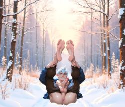 ai_generated aroused_male balls barefoot beautiful_background blue_eyes erection feet_up holding_legs jack_frost jack_frost_(rise_of_the_guardians) laying_down legs looking_at_viewer male male_feet muscular_male offering_sex outdoors pale-skinned_male presenting_anus presenting_ass presenting_penis rise_of_the_guardians smug smug_face smug_grin snow solo_male sunset white_hair woods