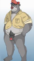 anthro balls baloo bear big_penis clothing cosmic51moon disney flaccid fur hat hi_res humanoid male male_only mammal muscular muscular_male overweight penis precum shirt slightly_chubby smile solo talespin thick_penis