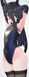 1girls 3d 3d_(artwork) alt_girl armpits arms_behind_head arms_up black_hair black_thighhighs blush bodysuit competition_swimsuit cute goth goth_girl gothic gothic_girl horse_girl latex latex_bodysuit latex_gloves leotard long_hair manhattan_cafe_(umamusume) occult_female one-piece_swimsuit shiny_clothes skin_tight small_breasts smile solo thick_thighs umamusume umamusume_pretty_derby yellow_eyes yuz_ne