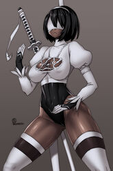 alternate_color alternate_costume artist_name ass_visible_through_thighs black_hair blindfold breasts cleavage cleavage_cutout dark-skinned_female dark_skin female gloves hairband hips leotard nier nier:_automata onomeshin shiny_skin soul_calibur soul_calibur_vi stockings sword sword_behind_back thighhighs thighs video_games yorha_2p