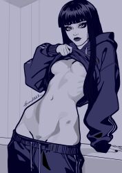 bad_hands black_hair black_makeup blue_theme breasts clothed clothing digital_art digital_drawing_(artwork) digital_media_(artwork) eyeliner female female_focus female_only front_view girl goth goth_girl hiimehhhh leaning leaning_back lifting_shirt lipstick long_hair looking_at_viewer night no_bra no_panties oc original_character pants pants_down pants_pulled_down pubic_hair revealing_breasts shirt shirt_lift shirt_pull shirt_up slim sweat_pants