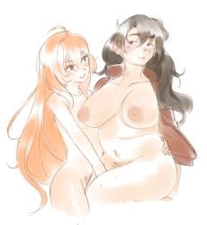 2girls akiaji_margo artist_request bedroom_eyes black_hair chubby_female fang_guu hairy_pussy hand_between_legs indie_virtual_youtuber inverted_nipples jacket jacket_only jacket_open joshikopro large_breasts lesbian_sex long_hair naked_female orange_hair pubic_hair pubic_hair_peek source_request thick_thighs virtual_youtuber yuri