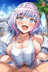 1boy 1girls 2026 2d_(artwork) belko big_breasts blue_eyes blush breasts breasts_squeezed_together clothed cum cum_between_breasts dated dolphin_wave ejaculation ejaculation_between_breasts female female_focus female_on_top hi_res kukuri_tomo light-skinned_female light_skin looking_at_viewer multicolored_hair on_top open_mouth outdoors outside paizuri paizuri_lead_by_female paizuri_under_clothes pov pov_eye_contact