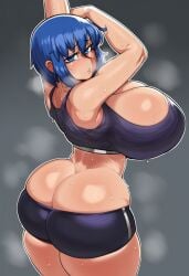 ai_generated arms_up blue_eyes blue_hair bursting_breasts buruma ciel_(tsukihime) heavy_breathing huge_ass huge_breasts looking_at_viewer looking_back novelai simple_background sleepingslop sports_bra stretching sweat sweaty sweaty_ass sweaty_body sweaty_breasts tight_clothing tsukihime