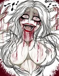 big_breasts black_pupils blood_in_mouth blood_on_face blood_on_hand blood_stain crazy_bitch crazy_female female grey-skinned_female grey_body grey_skin light_hair ozma ozma_xz pale-skinned_female pale_skin red_lipstick resident_evil resident_evil_9:_requiem selena_corey singer singing smile smiling smiling_at_viewer sweating undead undead_female white_background white_dress white_hair white_iris zombie zombie_girl