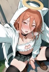 ai_generated angel_devil_(chainsaw_man) angel_wings cat_ears chainsaw_man crouching femboy halo jacket long_hair orange_hair penis pose skirt