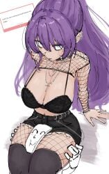 1girls absurdres big_breasts black_shorts black_thighhighs blue_eyes breasts cha_cha_(vtuber) cleavage cross cross_necklace curvy dark-skinned_female dark_skin ear_piercing female fishnet_sleeves fishnet_top fishnets froq froq_art head_between_thighs highres indie_virtual_youtuber jewelry large_breasts latina legs long_hair looking_at_viewer massive_breasts mature mature_female milf mole mole_on_breast mommy mommy_dom multiple_rings necklace piercing ponytail purple_hair ring shorts simple_background sitting thick thick_legs thick_thighs thighhighs thighhighs_over_fishnets thighs virtual_youtuber vtuber white_background