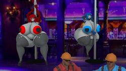 3d big_ass big_breasts blue_hair chubby_female engineer_(team_fortress_2) human orange_eyes pole_dancing red_hair robot rojo84 rojo_parasito senthia sentry_(team_fortress_2) stripper_pole team_fortress_2 tf2