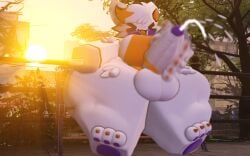 femboy five_nights_at_frickbears gooning hook_hand jerkingoff lolbit_(fnaf) lolbit_(frickbears) male_focus male_only motion_blur pawpads paws public public_nudity roblox roblox_studio thick_thighs white_fur