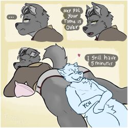 annoyed anthro ass athletic_wear big_butt blush bottomwear butt_pillow chest_tuft clothing crotch_tuft dialogue dolphin_shorts duo farens_hell fur furry grey_body grey_fur grey_hair gym_bottomwear gym_shorts hair heart_symbol larger_male laying_on_another lying lying_on_butt male on_front pillow raised_tail simple_background size_difference tail tear_trough text thick_thighs tuft upset wolf yellow_eyes