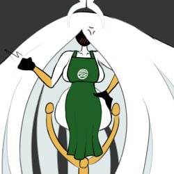 angry angry_expression angry_face apron apron_only big_ass big_breasts big_butt big_thighs black_face black_hands blush dehromansfw embarrassed embarrassed_female grand_mother_silk green_clothing hollow_knight hollow_knight:_silksong hollow_knight_(franchise) long_hair no_eyes starbucks white_body white_hair white_skin