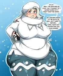 ass assthethick bbw belly belly_overhang big_ass big_belly big_breasts breasts bubble_ass bubble_butt english_text fat fat_ass female female_focus huge_ass huge_breasts huge_thighs hyper_thighs large_ass large_breasts melony_(pokemon) morbidly_obese morbidly_obese_female nintendo obese overweight overweight_female pokemon white_hair winter winter_clothes