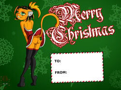 2018 alice_(spellbound) anthro anus ass black_stockings christmas fan_character feline female hi_res holidays looking_at_viewer mammal mistletoe no_underwear orintakoda plant postcard presenting presenting_hindquarters presenting_pussy pussy solo teasing upskirt