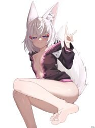 1girls almost_naked bare_legs barefoot feet female fox_ears fox_girl fox_tail open_jacket petite phase_connect purple_eyes small_body small_breasts solo tenma_maemi virtual_youtuber vtuber white_hair xith