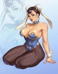 1girls blue_nail_polish brown_eyes brown_hair bunnysuit capcom chun-li female female_only fishnet_pantyhose hair_buns kneeling looking_at_viewer pantyhose red_lipstick rim_jims solo street_fighter thick_thighs twin_buns wrist_cuffs