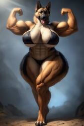 abs ai_generated anthro big_biceps big_breasts canine fur furry german_shepherd huge_breasts hyper_breasts large_breasts muscular muscular_anthro muscular_female overflowing_breasts realistic