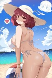 1girls armwear ass beach_ball big_breasts bikini bikini_bottom bikini_top bottomwear bracelet breasts cloud female female_only hair hat headwear heart holding_object idolmaster idolmaster_million_live! jyo_(leleon) mature mature_female mature_woman milf mother nonohara_akane's_mother red_eyes red_hair short_hair solo speech_bubble spoken_heart sun_hat sunhat swimwear topwear white_bikini