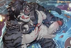 1boy abs animal_ear_fluff animal_ears bara black_fur black_hair black_male_underwear bulge censored chains claws english_commentary fangs furry furry_male hand_on_own_penis handcuffs_around_neck looking_at_viewer male_focus male_underwear multiple_scars muscular muscular_male nipples nude onsen paid_reward_available patreon_logo patreon_username pawpads pectorals scar scar_across_eye scar_on_arm scar_on_cheek scar_on_chest scar_on_face scar_on_nose sdorica smile sollyz tiger_boy tiger_ears tiger_stripes tongue tongue_out underwear wading water yao_(os)_(sdorica) yao_(sdorica)