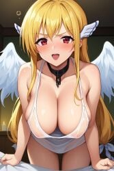 1girls angel angel_wings astraea_(sora_no_otoshimono) big_breasts blonde_female blonde_hair cleavage collar indoors kneeling light-skinned_female light_skin necklace nipples nipples_visible_through_clothing open_mouth red_eyes sora_no_otoshimono wings