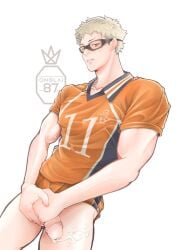 1boy blonde_hair blush blush genitals glasses haikyuu!! light-skinned_male light_skin male male_only muscles muscular muscular_male onglai87 penis solo solo_male teenager tsukishima_kei young younger_male