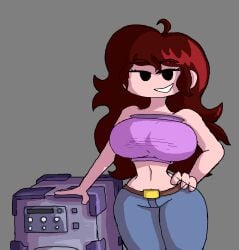 1girls ahoge auburn_hair belt belt_buckle big_breasts big_hips blue_jeans blue_pants boombox breasts brown_belt brown_hair cel_shading chestnut_hair crimson_hair dark_hair demon demon_girl demon_humanoid dot_eyes dot_pupils female female_only fnf fnf_mods friday_night_funkin friday_night_funkin_mod front_view girlfriend_(fnf) girlfriend_(friday_night_funkin) girlfriend_(mods) gray_background hand_on_hip hip_grab hips huge_breasts huge_hips humanoid jeans long_hair lowleg lowleg_pants navel_line no_sclera pink_shirt png simple_background sleeveless_dress solid_colors solo standing tube_top tubetop white_skin white_skinned_female wide_hips