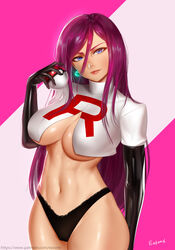 1girls abs alternate_breast_size alternate_costume alternate_hairstyle artist_name belly big_breasts black_panties blue_eyes breasts burgundy_hair cleavage clothed clothes clothing color colored earring earrings easonx elbow_gloves english english_text eye_contact eyelashes female female_focus female_only fit gloves hair_down half-closed_eyes head_tilt holding holding_object human human_only jessie_(pokemon) large_breasts lipstick long_hair looking_at_viewer midriff navel nintendo open_eyes panties pink_background pink_hair plain_background poke_ball pokeball pokemon pokemon_rgby pose purple_hair red_lipstick revealing_clothes shiny shiny_skin shirt smile smiling solo solo_female source_request standing stomach team_rocket text thick_thighs thong uncensored underboob underwear url very_long_hair watermark wide_hips