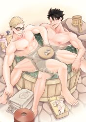 2boys abs bathing black_eyes black_hair blonde_hair blush blush duo gay gay_male glasses haikyuu!! happy kuroo_tetsurou male male/male male_only muscles muscular muscular_male naked naked_male nude nude_male onglai87 open_mouth pecs pectorals spread_legs tsukishima_kei water yaoi yellow_eyes