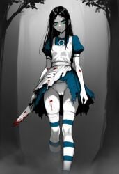 ai_generated alice_in_wonderland alice_liddell black_hair blood blood_splatter blue_dress cameltoe cookie-girl fog forest green_eyes knife long_hair thighhighs torn_clothes white_panties