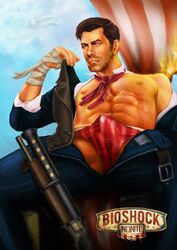 1boy abs bioshock bioshock_infinite booker_dewitt bulge clothing dilf freakoutduder gun handkerchief male male_only mature_male muscular muscular_male speedo stubble underwear video_games