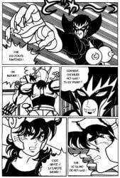 1boy 1girls areolae armor battle_armor breasts breasts_focus bronze_saints comic comic_page female female_focus geist ghost_saints male male/female mask masked masked_female nipples pegasus_seiya penis penis_out saint_seiya shounen_jump shueisha toei_animation weekly_shonen_jump weekly_shounen_jump