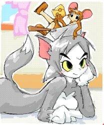 1boy 1girls 2d 2d_(artwork) animal_ears animal_tail blush cute female genderswap_(mtf) jerry_mouse male minimalist minus8 mtf_transformation rule_63 tom_and_jerry tom_cat