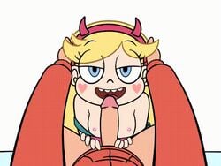 1boy 1girls animated bedroom_eyes blonde_hair blue_eyes devil_horns disney eye_contact fellatio female first_person_view flat_colors gif heart interracial jacket licking looking_at_viewer male marco_diaz nipples oral penis pov star_butterfly star_vs_the_forces_of_evil unseen_male_face