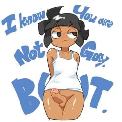 1boy arms_behind_back black_eyes black_hair blush bottomless dark-skinned_femboy dark-skinned_male dark_male_only dark_skin dick embarrassed erection femboy femboy_only femboysub i_know_you_are_not_gay_but male male_only minus8 minus8_(character) no_panties seductive_pose sissy small_ass white_shirt