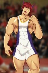 animal_ears bara_tiddies bulge bulge_through_clothing gasaiv huge_nipples muscles muscular muscular_male pectorals sett wrestler wrestling_outfit wrestling_singlet