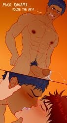 2boys abs aomine_daiki armpit_hair armpits balls blue_hair cuckoo_chan dialogue eating_ass gay gay_sex kuroko_no_basuke licking_ass male/male male_only male_penetrated male_penetrating_male muscular_arms muscular_male muscular_thighs naked_male nipples pecs precum pubic_hair pushing_head red_hair spread_ass sucking sucking_penis sweatdrop sweaty taiga_kagami yaoi