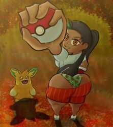 1girls ass big_ass dark_skin freckles green_panties nemona_(pokemon) pawmo pokemon_(species) rex180 shorts thick_ass